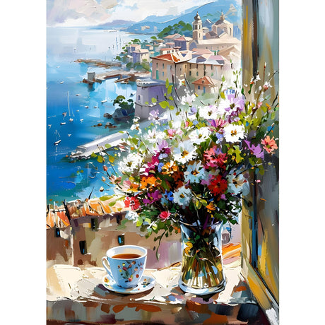 GDYEEH DIY 5D Colorful Flowers Diamond Art Kits, Round Full Drill Sparkling Sea View Diamond Painting Picture, Window Painting by Numbers Art Kits for Adults Beginners Home Wall Decor 12x16 inch GDYEEH