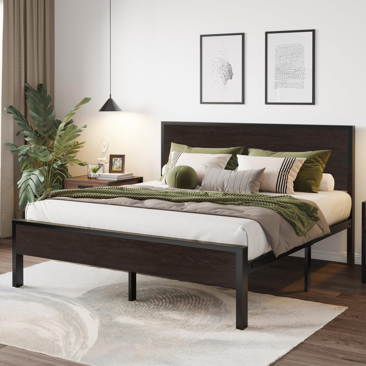 SHA CERLIN Heavy Duty Queen Bed Frame with Headboard and Under-Bed Storage - Black Oak SHA CERLIN