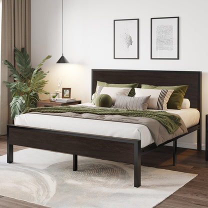 SHA CERLIN Heavy Duty Queen Bed Frame with Headboard and Under-Bed Storage - Black Oak - WoodArtSupply