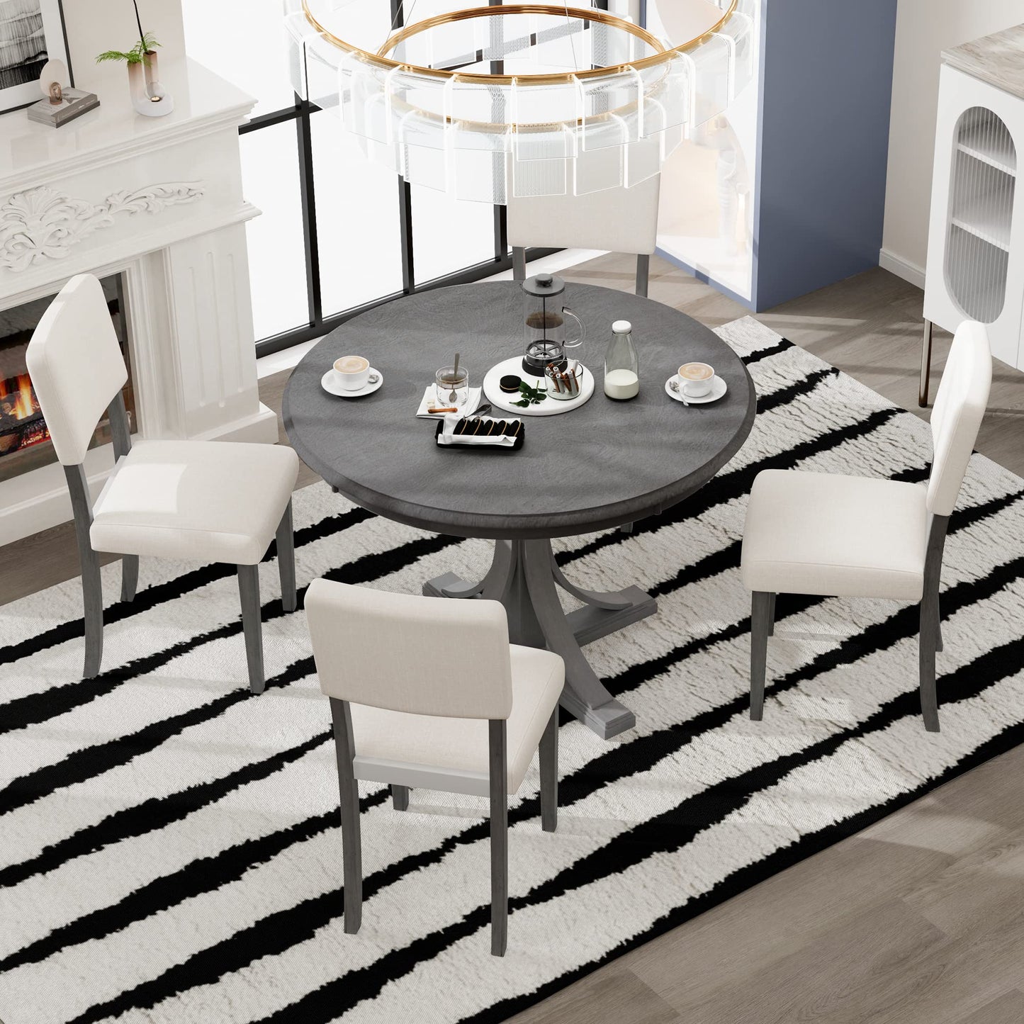 Harper & Bright Designs 5-Piece Round Dining Table Set for 4 People,Wooden Kitchen Furniture Set with 4 Upholstered Chairs, Retro Dining Table Chairs Set for Kitchen, Dinning Room (Dark Gray) - WoodArtSupply