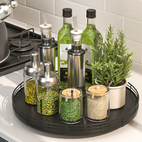 13" Oak Wood Lazy Susan Organizer, Lazy Susan for Cabinet Dining Table Pantry Wood Turntable Organizer Tray for Coffee Table Kitchen Countertop Salt Pepper Spice Organization and Storage Round Black Oroyutor