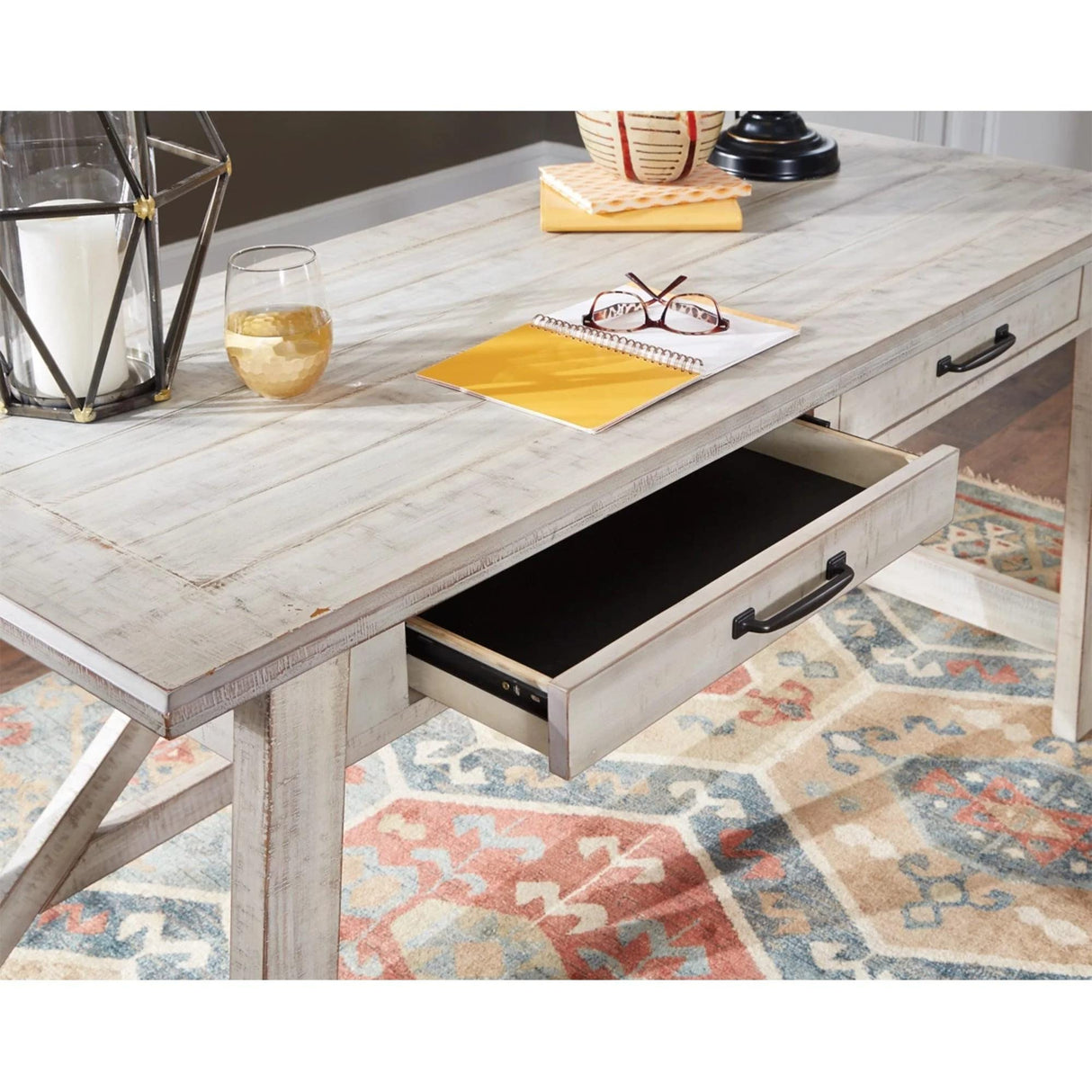Signature Design by Ashley Carynhurst Farmhouse 60" Home Office Desk with Drawers, Distressed White Signature Design by Ashley