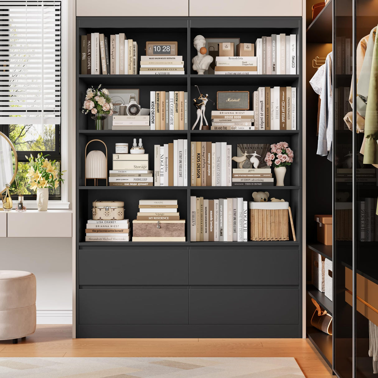 FINETONES 71" Black Bookshelf with Drawers, 47.3" Double Wide Bookshelves and Bookcases with Storage, Tall Bookshelf Large Open Book Shelf Standing Book Case for Home Office, Black FINETONES