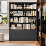 FINETONES 71" Black Bookshelf with Drawers, 47.3" Double Wide Bookshelves and Bookcases with Storage, Tall Bookshelf Large Open Book Shelf Standing Book Case for Home Office, Black FINETONES