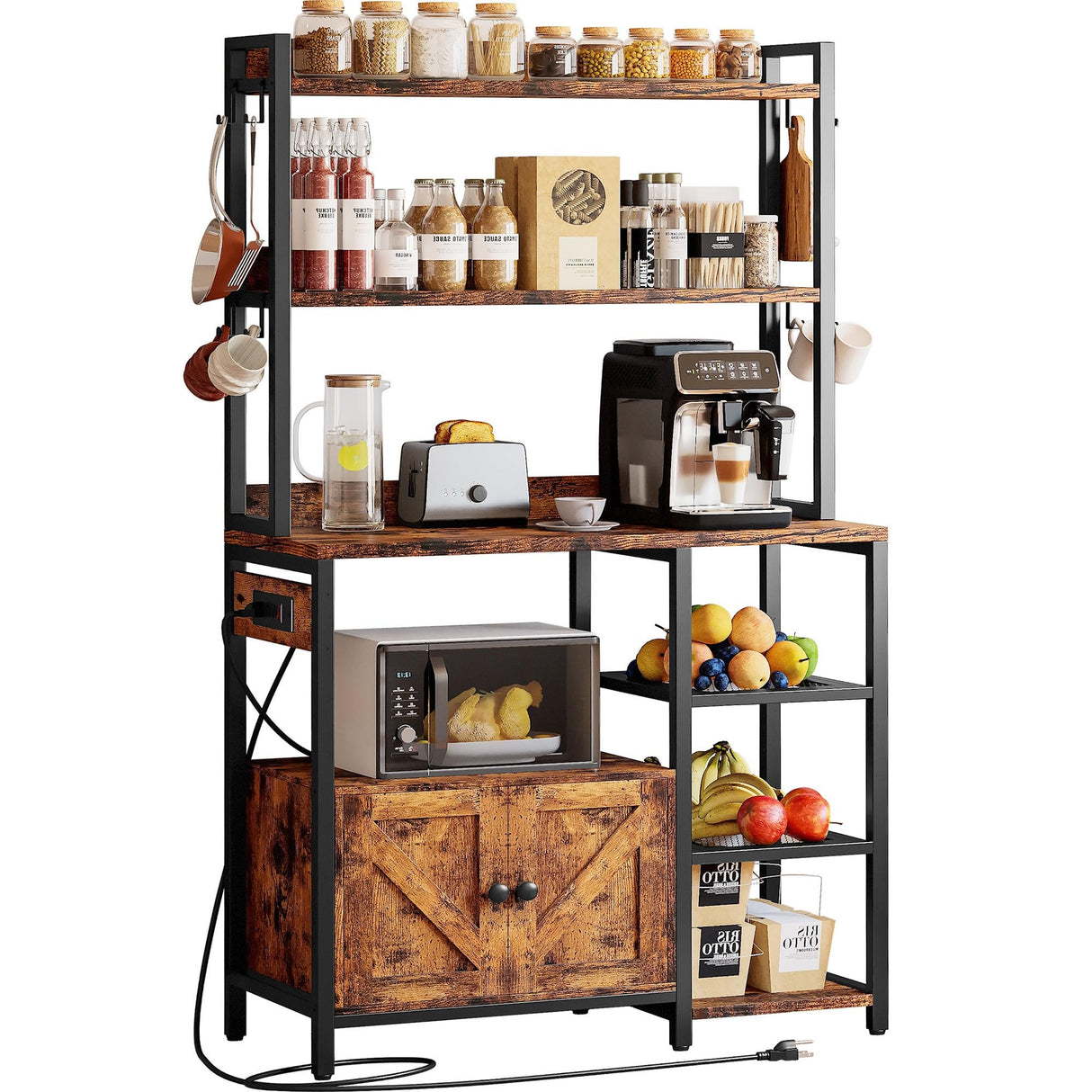 IRONCK Bakers Rack with Cabinet & Power Outlets, Microwave Stand with Storage Shelves, Tall Kitchen Bakers Rack with Hutch, Coffee Bar, 8 Hooks, Rustic Brown IRONCK