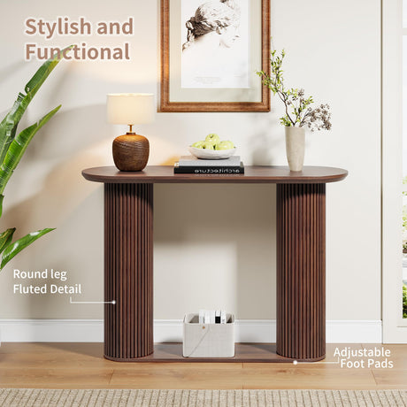 RUSTYER Fluted Console Table, Farmhouse Oval Curved Entryway Table with Storage and Fluted Wood Legs, Narrow Small Long Entry Sofa Table for Entrance, Hallway, Living Room (Walnut) RUSTYER