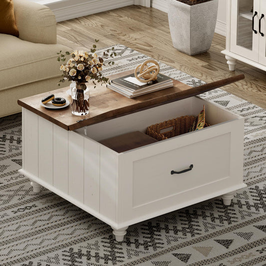 WAMPAT White Coffee Table with Lift Top & Drawer, Square Wood Center Table with Hidden Storage Compartment, Farmhouse Coffee Table for Living Room, 30 Inch