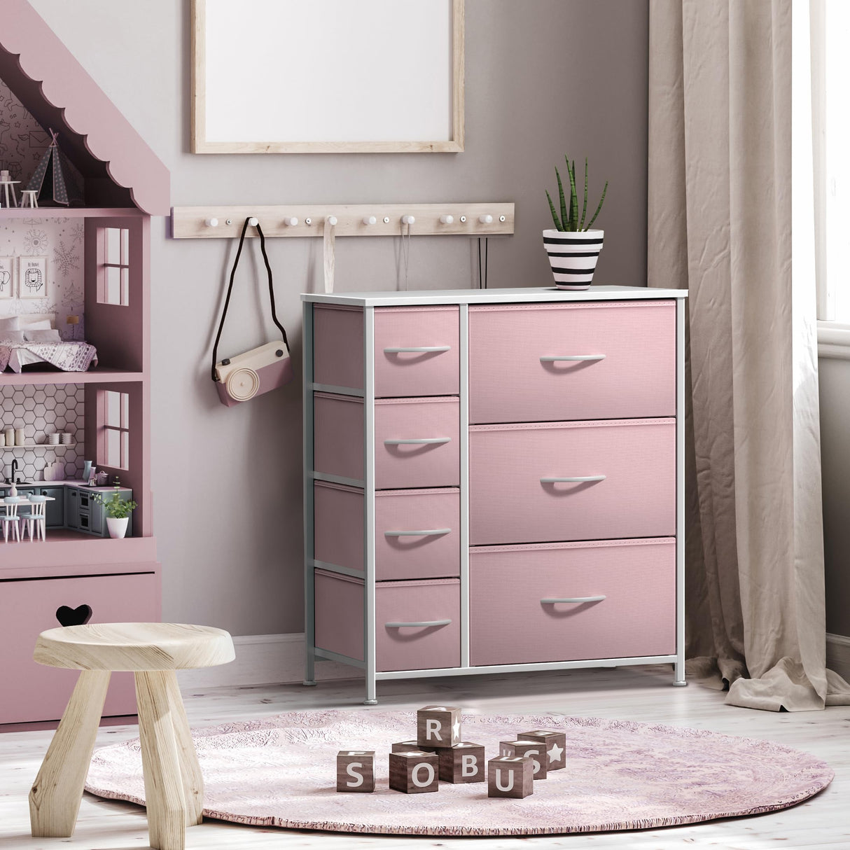 Sorbus Dresser with 7 Drawers - Furniture Storage Chest for Kid’s, Teens, Bedroom, Nursery, Playroom, Clothes, Toys - Steel Frame, Wood Top, Tie-dye Fabric Bins (7-Drawer, Pastel Pink) Sorbus