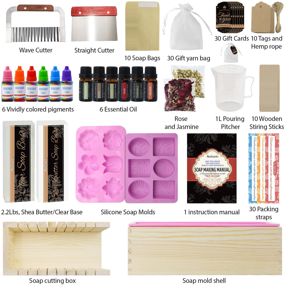 MuseLuxe Soap Making Kit for Adults & Beginners - Soap Making Supplies Melt and Pour - Base,Silicone Molds, Loaf,Molds,Cutter Box,Fragrances,Gifts Card, DIY Craft MuseLuxe