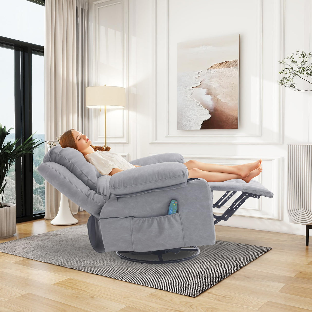 Massage Swivel Rocker Recliner with Lumbar Heat, Overstuffed PU Leather Recliners for Living Room, Modern Single Rocking Chair for Adults, Manual Rocker Recliner with Cup Holders for Bedroom, Grey Comermax