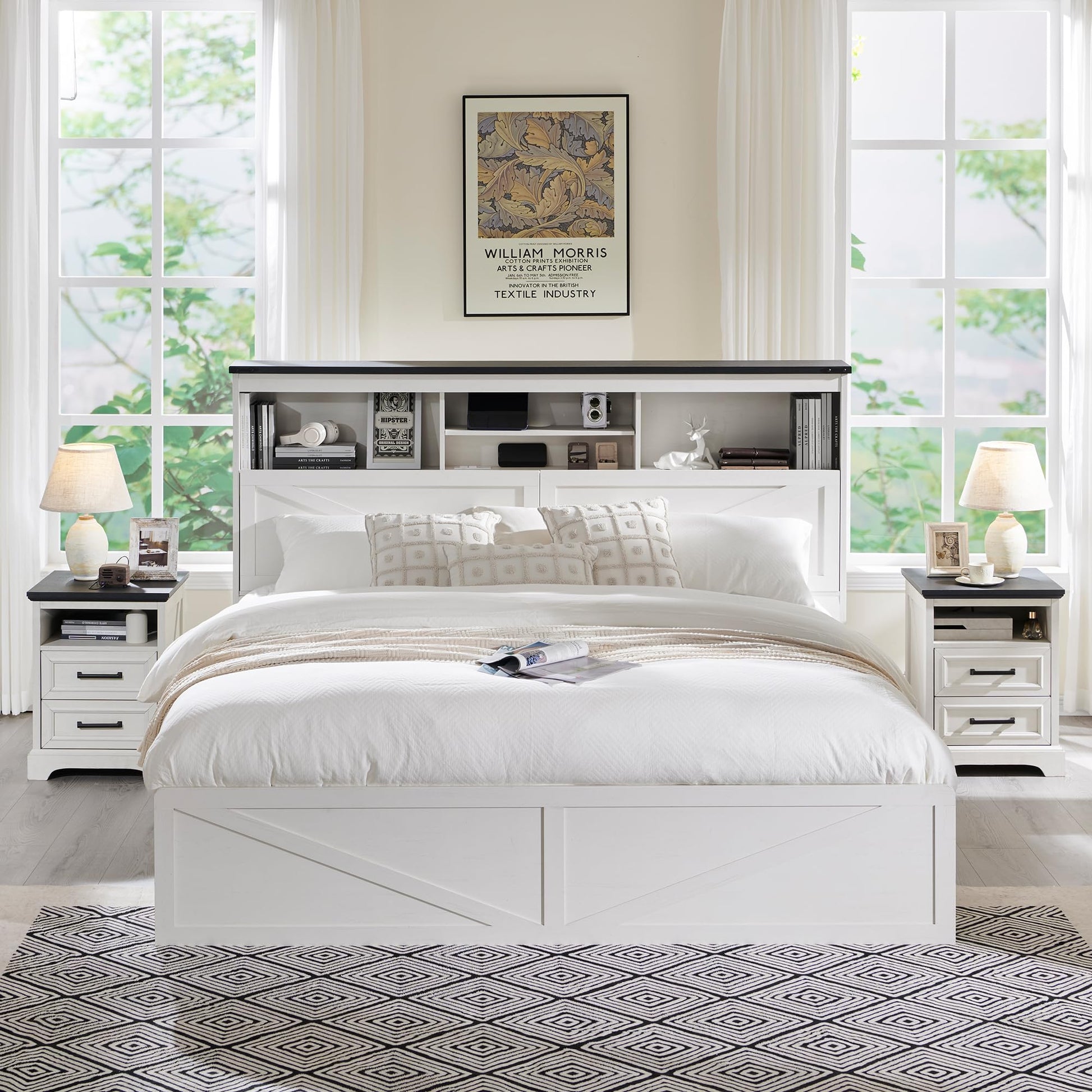 ACCOHOHO Luxury White King Size Farmhouse Wood Bed Frame with 52" Storage Headboard, LED Light, Charging Station & 4 Drawers - WoodArtSupply