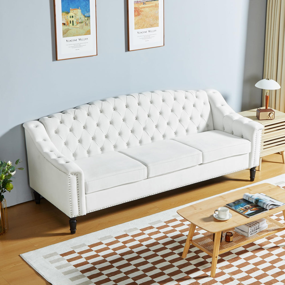 LEVNARY Mid-Century Modern Velvet Sofa, 80" Large Upholstered Sofa with High Back, Chesterfield Couch Sleeper Settee with Solid Wood Legs, Tufted 3 Seater Wide Couches for Living Room Office (White) LEVNARY
