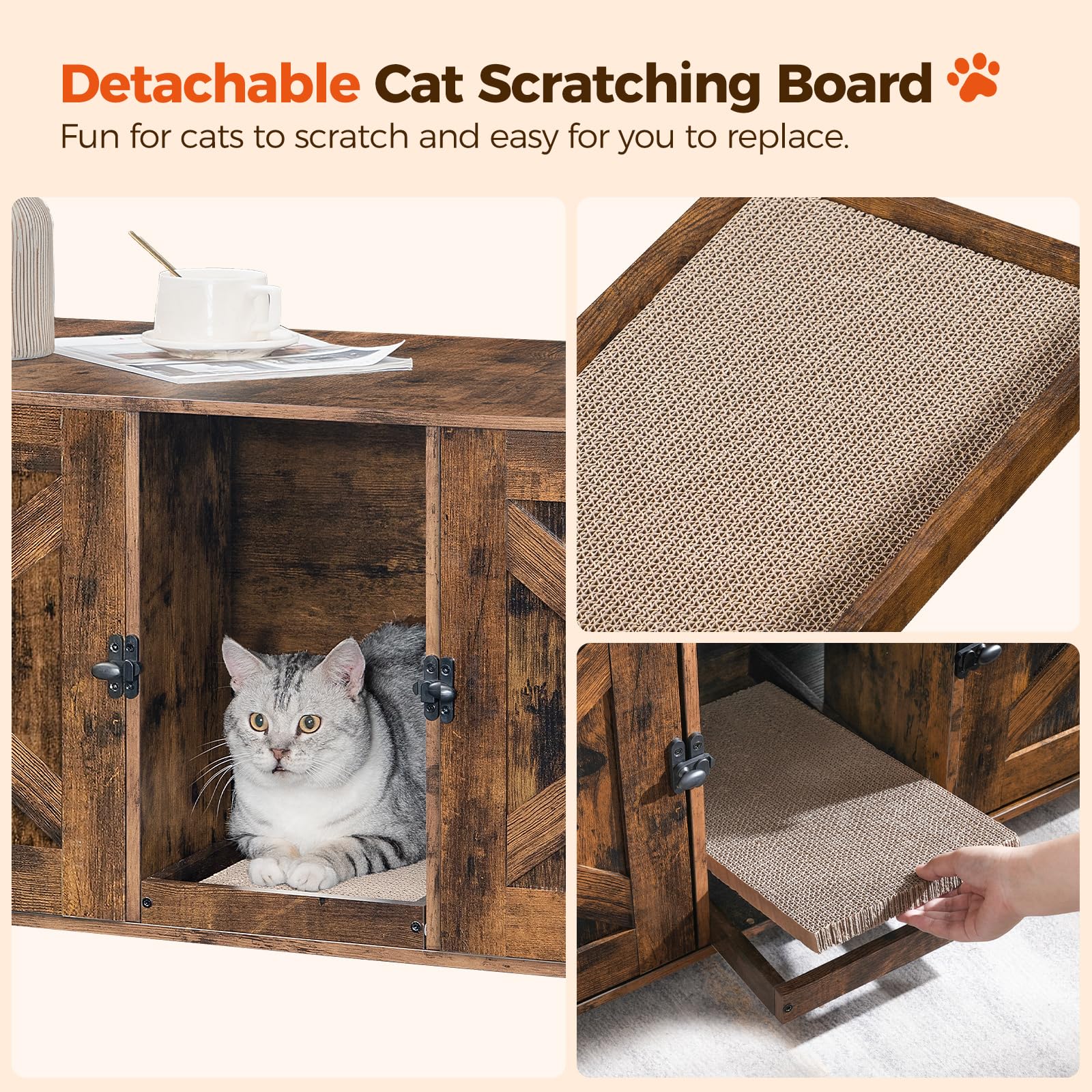 MAHANCRIS Cat Litter Box Enclosure for 2 Cats, 47.2" Hidden Cat Litter Box Furniture with Double Room, Wooden Cat Washroom with Scratching Board, Indoor Cat House End Table, Rustic Brown CWHR - WoodArtSupply