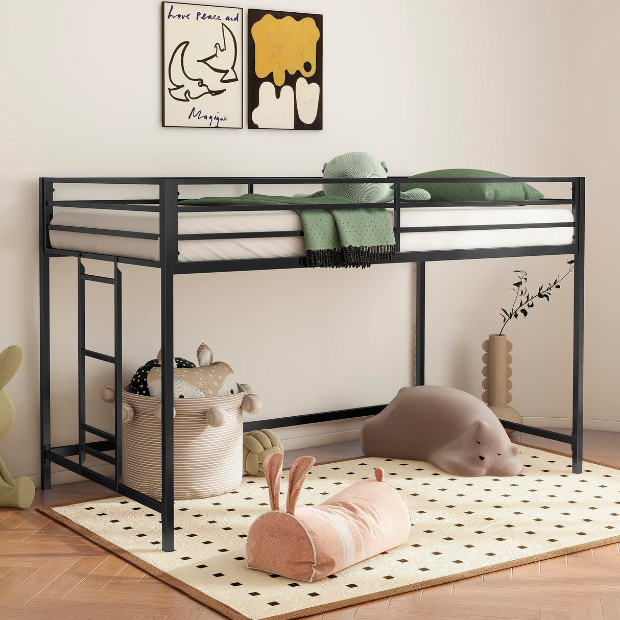 Twin Size Low Loft Bed for Kids,Kids Loft Bed Twin Size,Metal Loft Bed Frame for Boys Girls,Junior Low Loft Bed,Black Bellemave