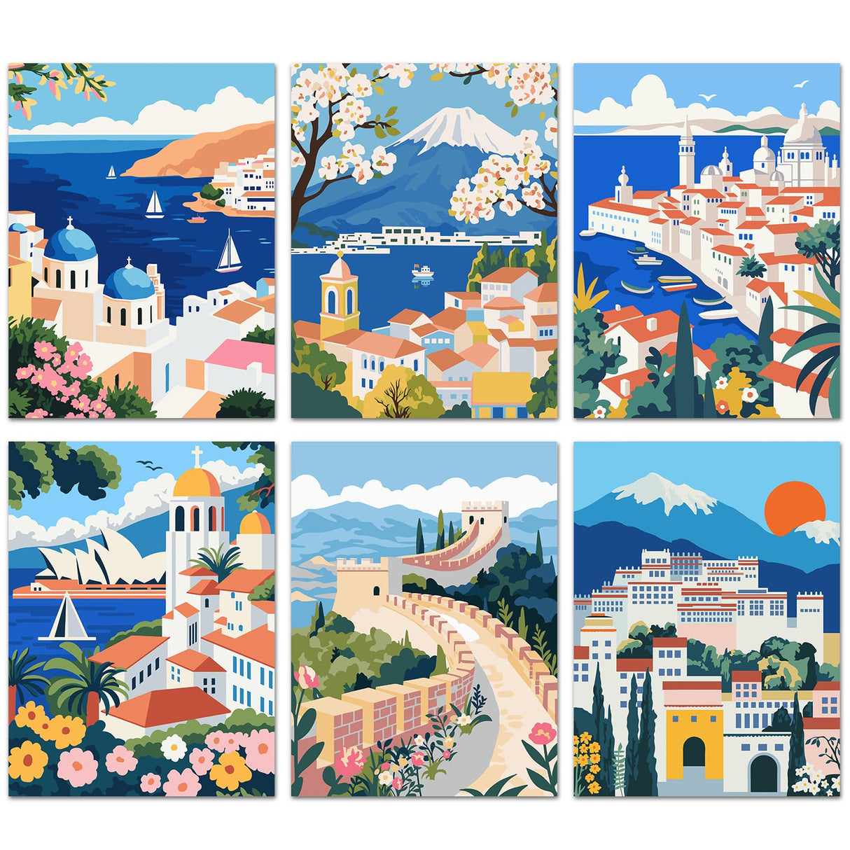 Bougimal 6 Pack Paint by Numbers Kit for Adults Beginners, 12" W x 16" L Scenery-Cityscape DIY Acrylic Paint Set on Canvas Without Frame in Box, Adults Kids Paint by Numbers Kits for Home Wall Decor Bougimal