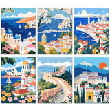 Bougimal 6 Pack Paint by Numbers Kit for Adults Beginners, 12" W x 16" L Scenery-Cityscape DIY Acrylic Paint Set on Canvas Without Frame in Box, Adults Kids Paint by Numbers Kits for Home Wall Decor Bougimal