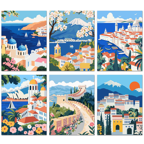 Bougimal 6 Pack Paint by Numbers Kit for Adults Beginners, 12" W x 16" L Scenery-Cityscape DIY Acrylic Paint Set on Canvas Without Frame in Box, Adults Kids Paint by Numbers Kits for Home Wall Decor Bougimal