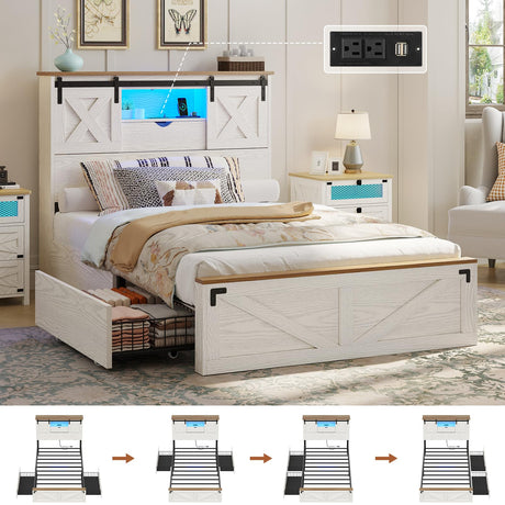 Hasuit Farmhouse Bed Frame Twin Size with 2 Storage Drawers, Wooden Platform Twin Bed with LED Lights and Charging Station, Rustic Accent Headboard with Sliding Barn Door Storage Cabinets Hasuit