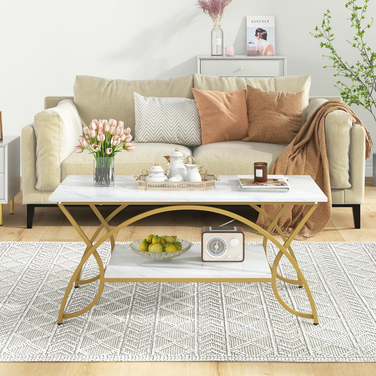 COSTWAY Marble Coffee Table, 2-Tier Modern Faux Marble Accent Table with Storage and Gold Finished Metal Frame, Chic Rectangular End Table for Living Room Office Lounge COSTWAY