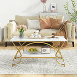 COSTWAY Marble Coffee Table, 2-Tier Modern Faux Marble Accent Table with Storage and Gold Finished Metal Frame, Chic Rectangular End Table for Living Room Office Lounge COSTWAY