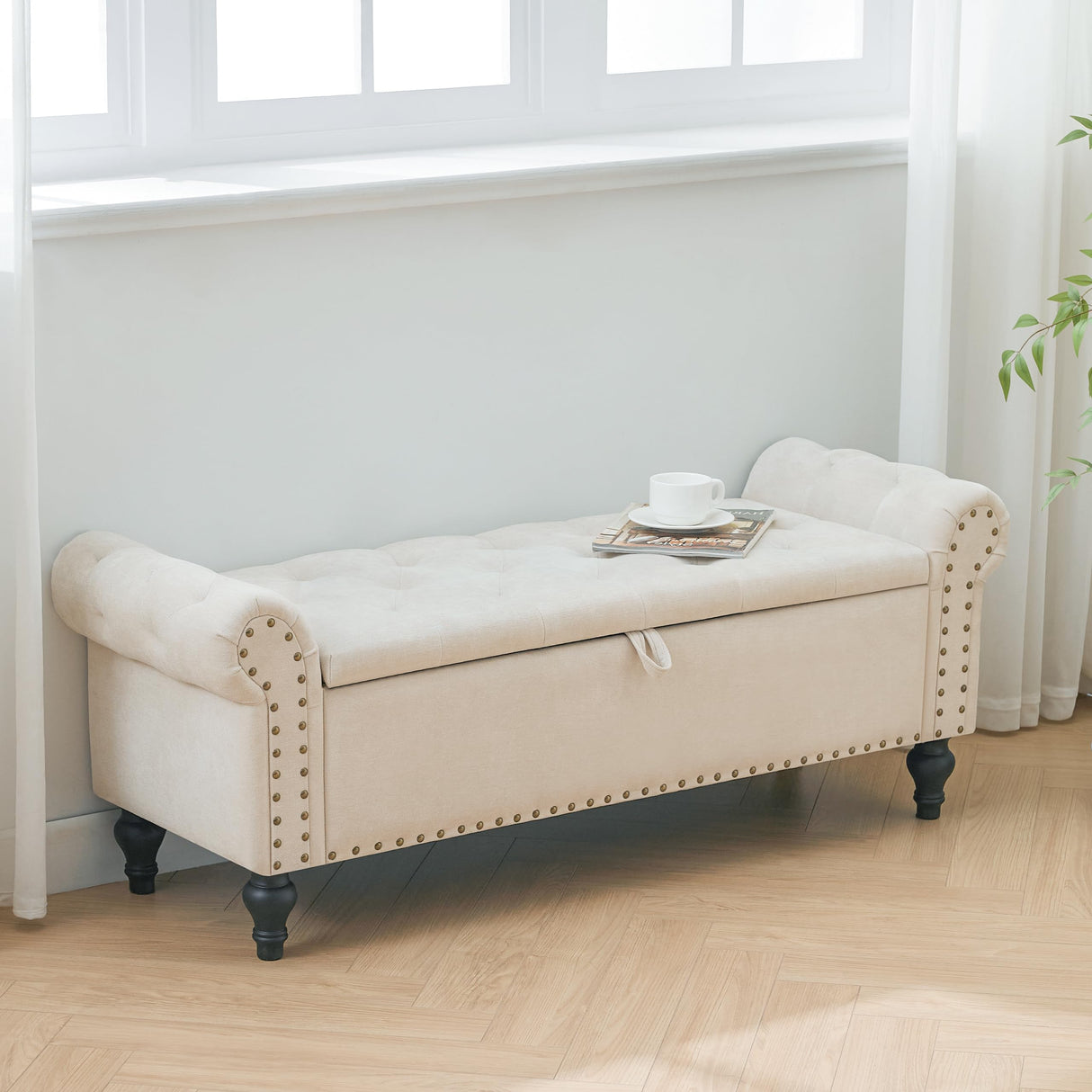 Howjoe 51" Bedroom Storage Bench, End of Bed Bench with Storage, Chenille Upholstered Benches, Ottoman with Storage, Window Benches with Rolled Arm and Nailhead Trim for Living Room, Entryway, Beige Howjoe