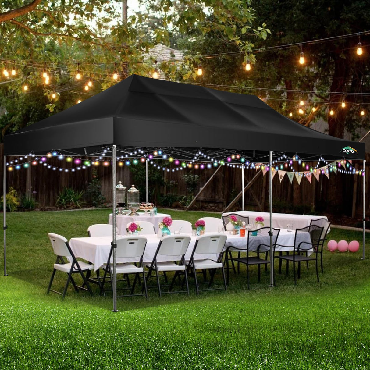 COBIZI 10x20 Heavy Duty Pop up Canopy Tent with 6 sidewalls Easy Up Commercial Outdoor Canopy Wedding Party Tents for Parties All Season Wind & Waterproof Gazebo with Roller Bag,Black(Frame Thickened) COBIZI