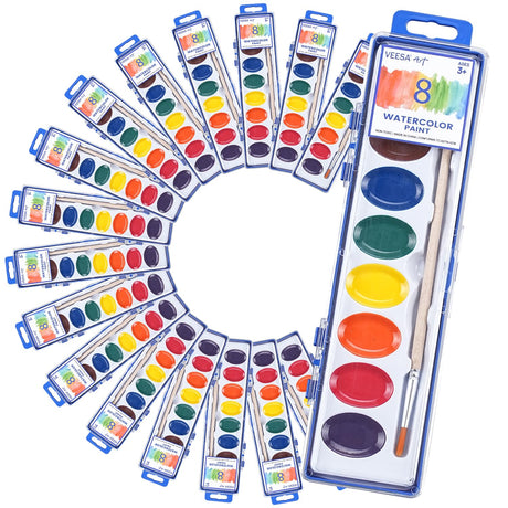 8-Color Watercolor Paint Set for Kids, 24 Pack Washable Water Color Paints, Non-Toxic Watercolors for Classroom, Parties and Art Activities (Paintbrush Included) VEESA