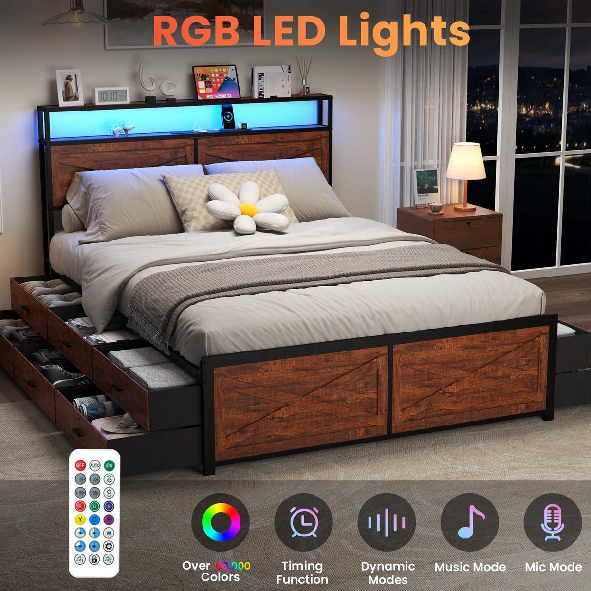 Kiivakii King Size Bed Frame with 12 Storage Drawers, LED Headboard with Charging Station, Metal Bed Frames, No Box Spring Needed, Noise Free, Stable and Solid, Red Brown Kiivakii