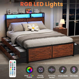 Kiivakii King Size Bed Frame with 12 Storage Drawers, LED Headboard with Charging Station, Metal Bed Frames, No Box Spring Needed, Noise Free, Stable and Solid, Red Brown Kiivakii