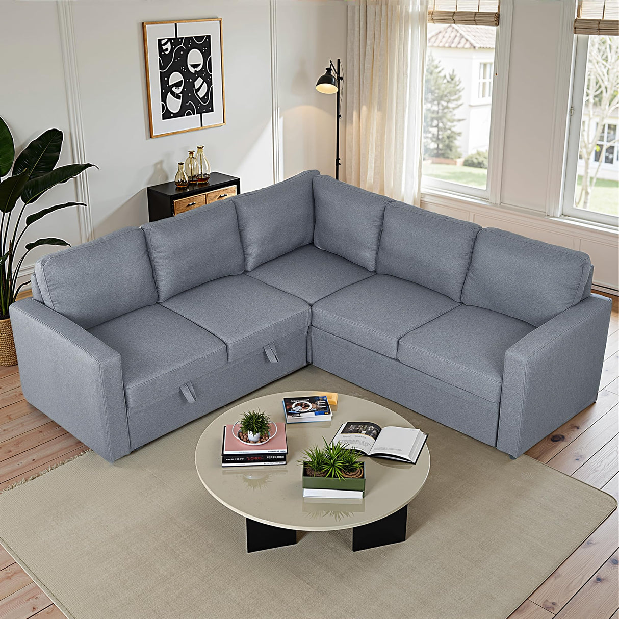 Trygoal 81 Inch Pull Out Sleeper Sofa, Sectional Couches for Living Room, 5-Seater Pull Out Couch with Storage, Convertible Sofa Bed for Small Space, Guest Room, Apartment, Gray Trygoal