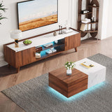 Svimi Modern Lift Top Coffee Table & 65" TV Stand Set of 2, Extendable LED Entertainment Center with Power Outlets/Hidden Storage(Walnut Brown & White Coffee Table + Walnut Brown TV Stand) Svimi