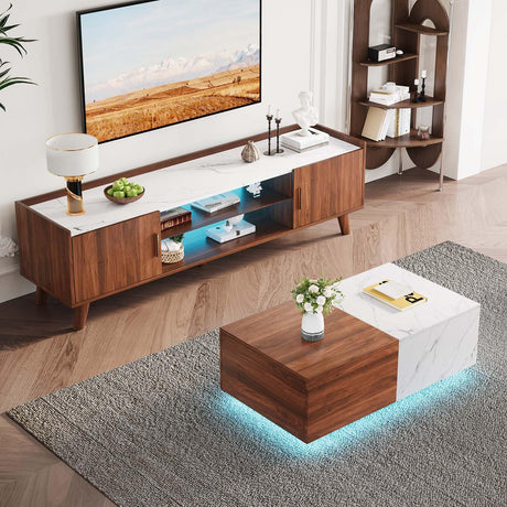 Svimi Modern Lift Top Coffee Table & 65" TV Stand Set of 2, Extendable LED Entertainment Center with Power Outlets/Hidden Storage(Walnut Brown & White Coffee Table + Walnut Brown TV Stand) Svimi
