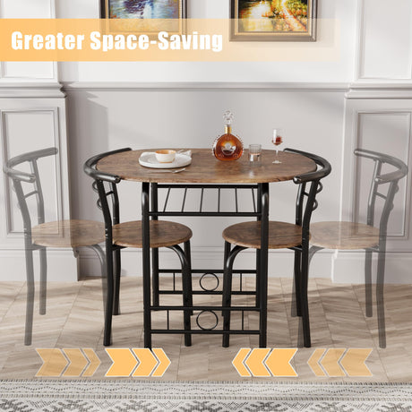 JUMMICO 3-Piece Wooden Round Table & Chair Set, Space Saving Kitchen Breakfast Nook Wood Grain Tabletop with Metal Frame and Built-in Wine Rack for JUMMICO