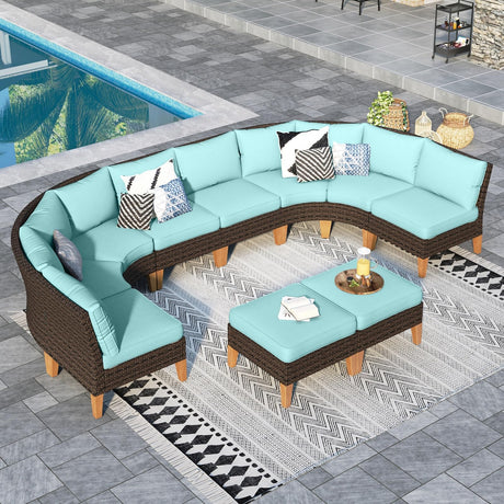 Sophia & William Patio Furniture Set, 10 Piece Half Moon Outdoor Wicker Sectional Sofa Set, High Back Rattan Conversation Set with Ottoman for Backyard, Deck, Pool(Aqua Blue) Sophia & William