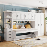 SOFTSEA Twin Size Horizontal Murphy Bed with Desk, Foldable Wall Bed Frame with 3-Door Wardrobe, Drawers & Shelves, Space-Saving Hideaway Bed for Small Space, Apartment, White SOFTSEA