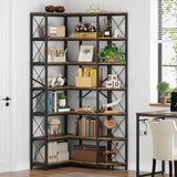 Condemo 7-Shelf Reversible Corner Bookshelf, Modern Industrial Tall Bookcase, 7-Tier Large L-Shaped Storage Shelf Display Rack with Metal Frame for Living Room, Home Office, Bedroom, Rustic Brown Condemo