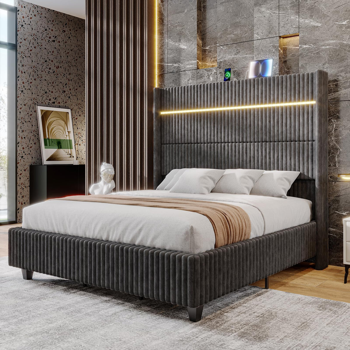Jocisland 60" Tall King Bed Frame with LED Lights, Corduroy Upholstered Platform Bed Frame with Wingback Headboard and Charging Station/No Box Spring Needed/Grey Jocisland