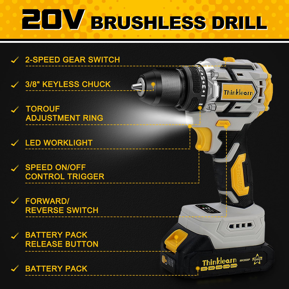 20V Brushless Drill Set, Cordless Power Drill with 2.0Ah Battery,119 PCS Combo Drill Set for Men, 10mm 3/8" Keyless Chuck, 21+1 Torque Setting Power Drill Kit for DIY Garden House Office Repair ThinkLearn