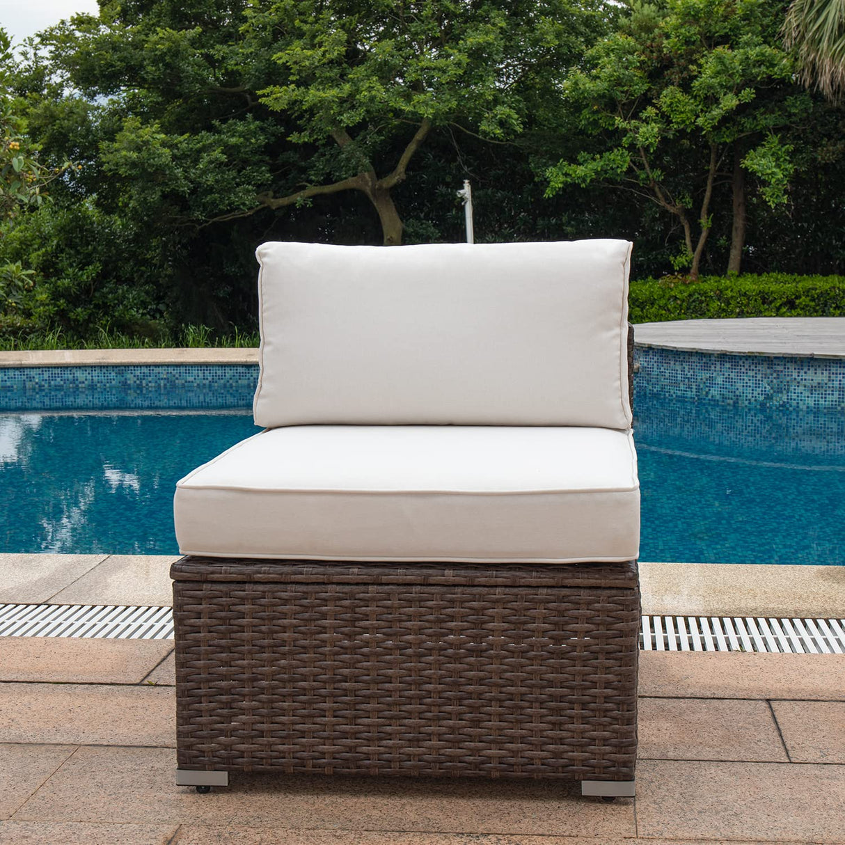 COSIEST Outdoor Furniture Add-on Armless Chair for Expanding Wicker Sectional Sofa Set w Off White Thick Cushions for Garden, Pool, Backyard COSIEST
