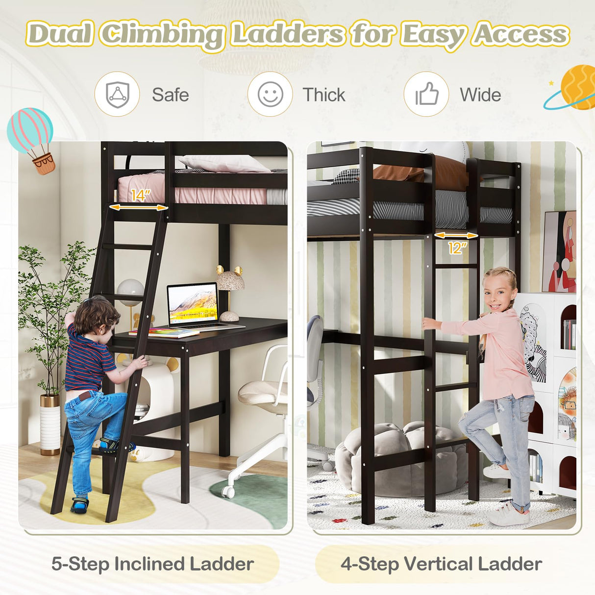 KOMFOTT Solid Wood Twin Loft Bed with Integrated Desk and Dual Ladders KOMFOTT