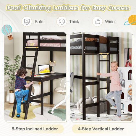 KOMFOTT Solid Wood Twin Loft Bed with Integrated Desk and Dual Ladders KOMFOTT