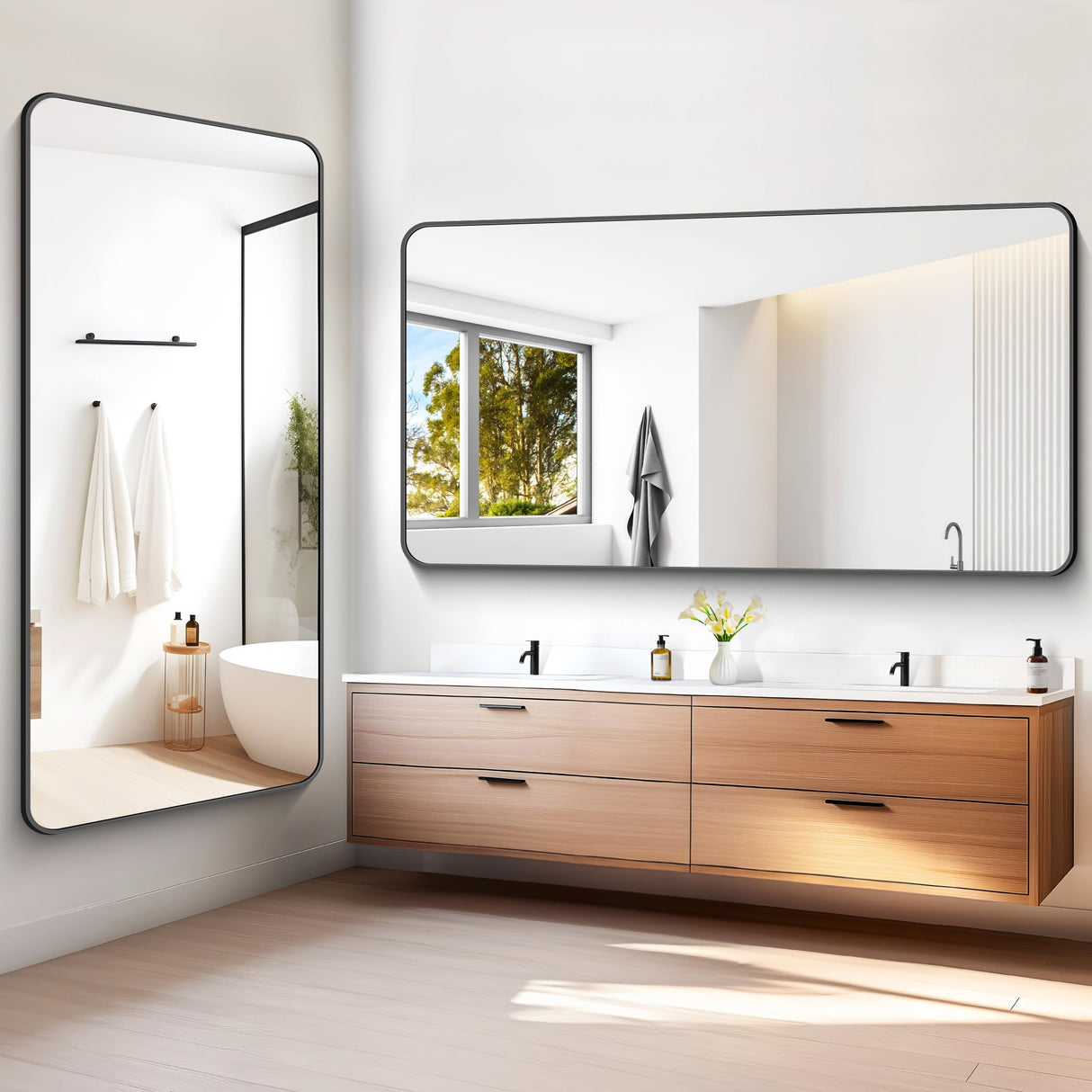 BONEWEI 72x36 inch Large Bathroom Mirror,Black Rectangle Mirror,Wall Mounted Bathroom Frame Vanity Mirror with Round Corner for Bedroom Living Room,Entryway Hangs Horizontal or Vertical BONEWEI