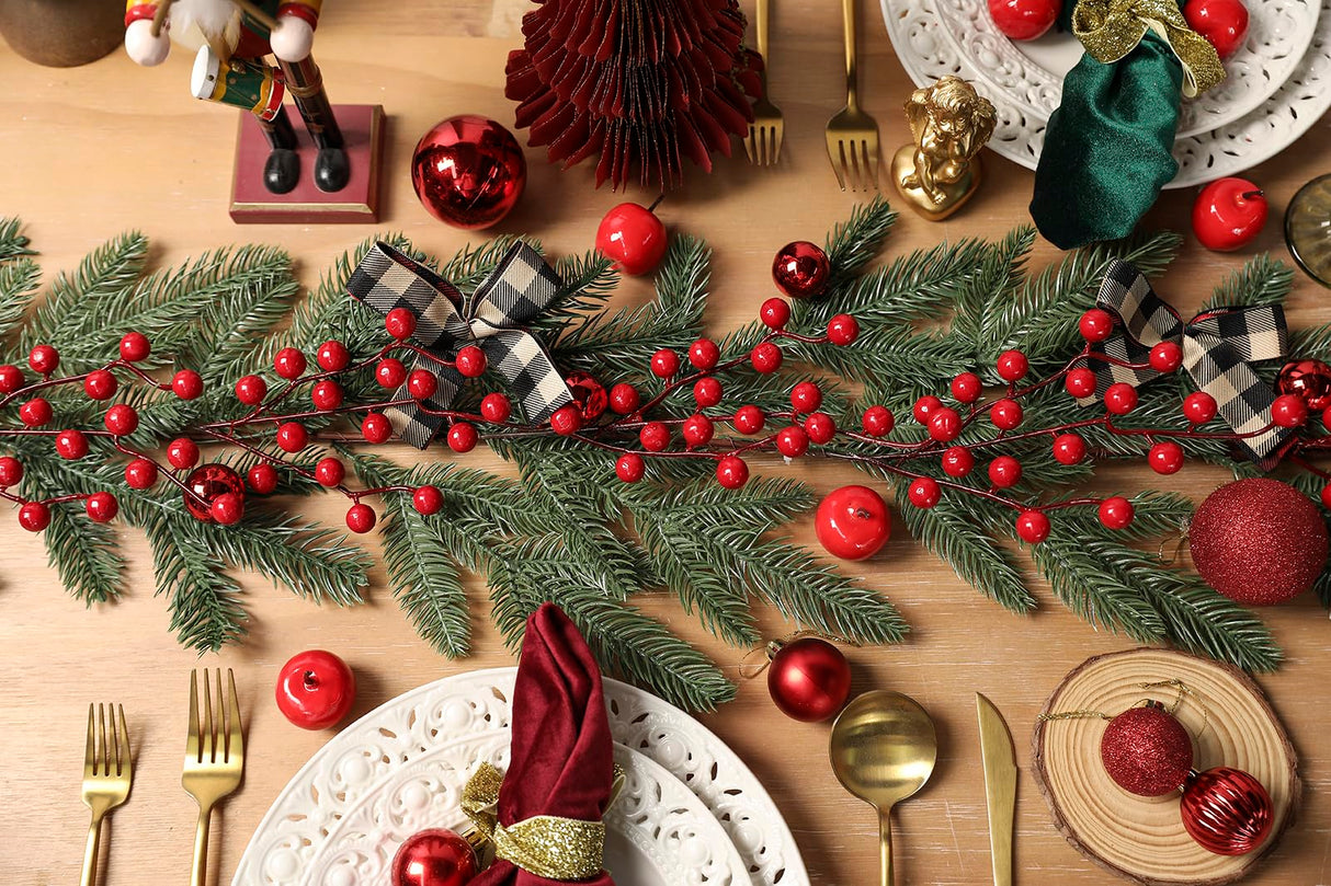 YYHUAWU 6FT Christmas Garland with Red Berries Bows Christmas Balls, Multi-Function Christmas Pine Needles Garland for Mantle Table Front Door Indoor Outdoor Christmas Holiday Decor YYHUAWU