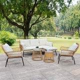 NICESOUL® 6 Pcs Boho Outdoor Small Patio Furniture Lounge Set with Beige Cushion and Round Glass Table with Ice Bucket Natural Color Wicker Conversation Sofa Set for Garden Balcony Deck NICESOUL