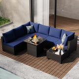 Ophelian 8 Piece Patio Furniture Set with Fire Pit Table, Wicker Outdoor Sectional Furniture, Outside Rattan Patio Couch Sets for Backyard, Garden, Deck (Brown/Blue) Ophelian