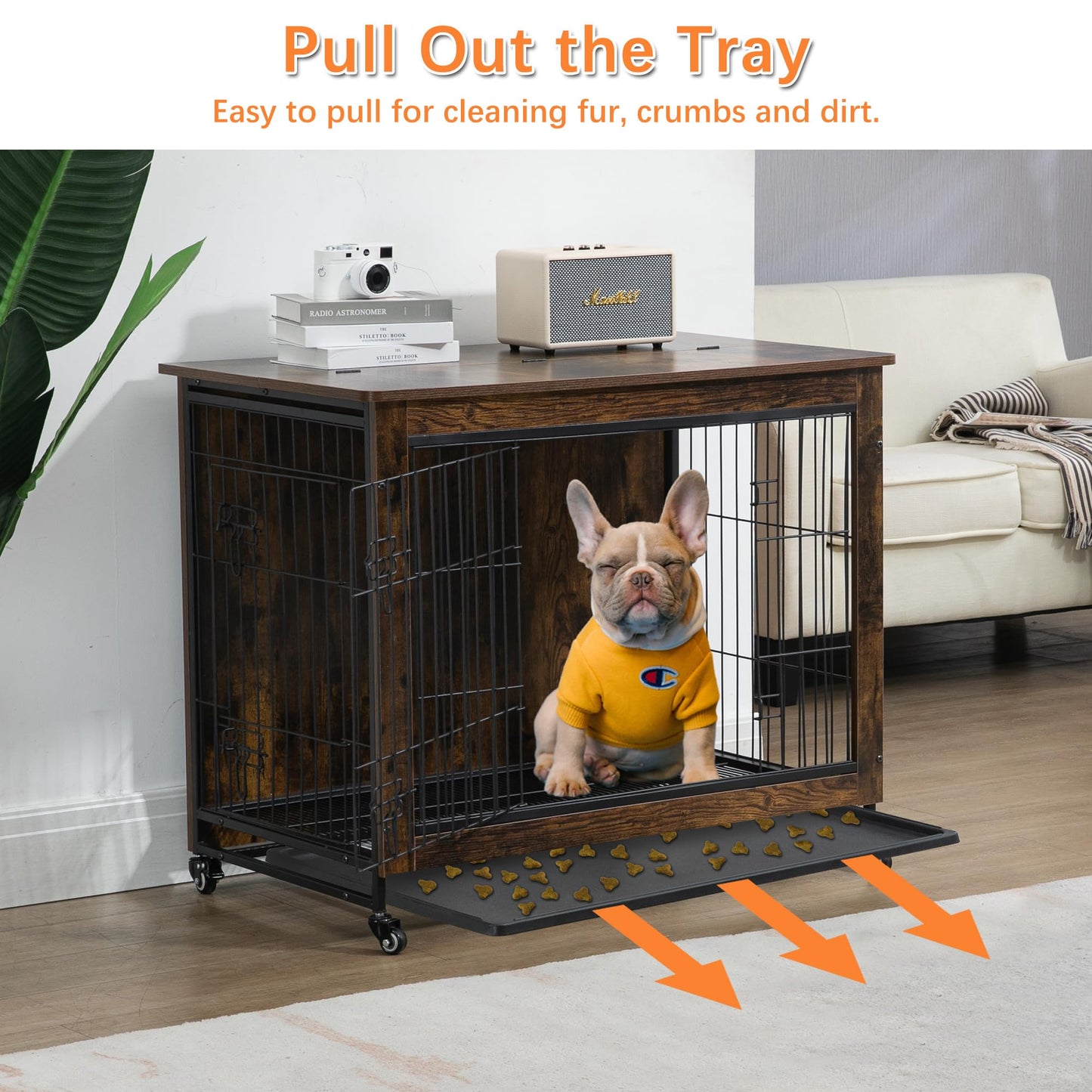 Dog Crate Furniture with Pull-Out Removable Tray, 23.6” Double-Door Dog Crate for Small to Large Dogs, Wooden Dog Kennel Table with Lockable Wheels, End Table Dog House, Dog Cage Indoor, Brown
