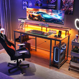 ODK 48 inch Gaming Desk with LED Lights & Power Outlets, Computer Desk with Monitor Stand & Storage Sheves, CPU Stand, Home Office Desk, Vintage ODK
