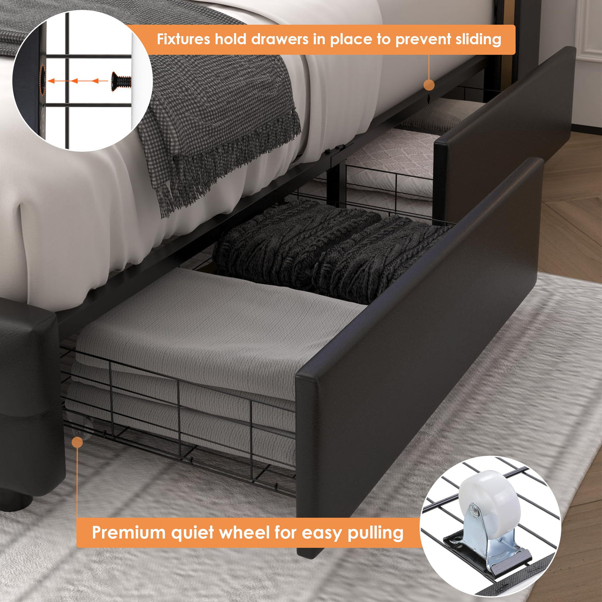 HIFIT King Smart LED Platform Bed Frame with 4 Storage Drawers & Wingback Headboard in Black HIFIT