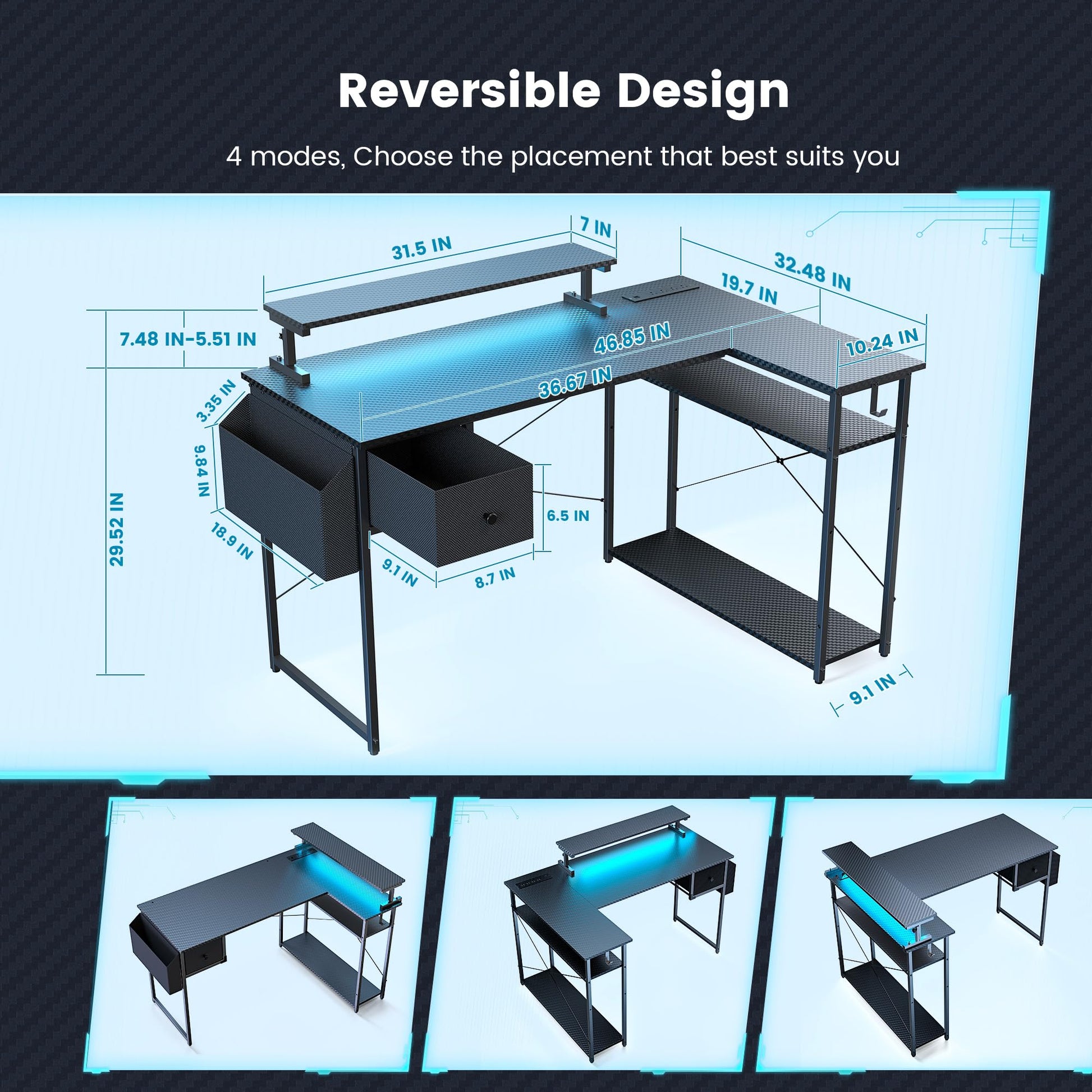 DOMICON Gaming Desk, 47 inch L Shaped Gaming Desk, Computer Desk with LED Lights & Adjustable Stand, Power Outlets, Storage Drawer, Reversible Gaming Desk with Shelves, Hook, Black Carbon Fib - WoodArtSupply