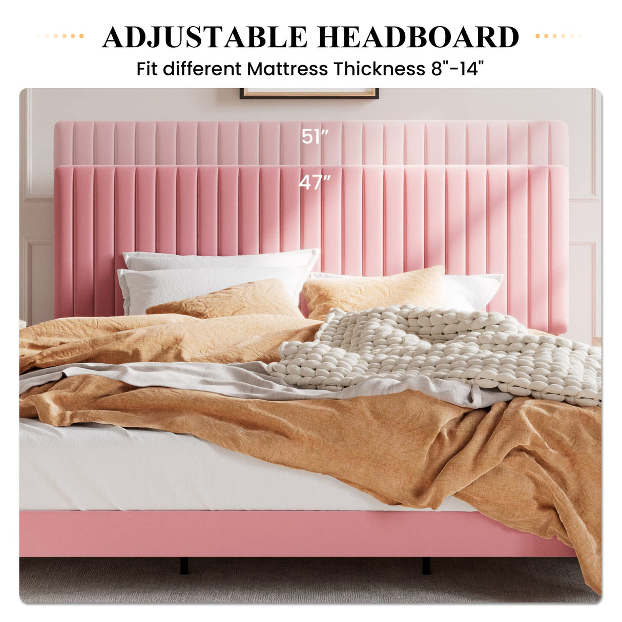 SHA CERLIN King Upholstered Platform Bed Frame with Adjustable Headboard/Vertical Channel Tufted Velvet Fabric/Wooden Slats Support/Mattress Foundation/Box Spring Optional/Pink SHA CERLIN